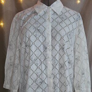 Sag Harbor, White Lace Look, Black Flower Pattern, Long Sleeve, Size: L